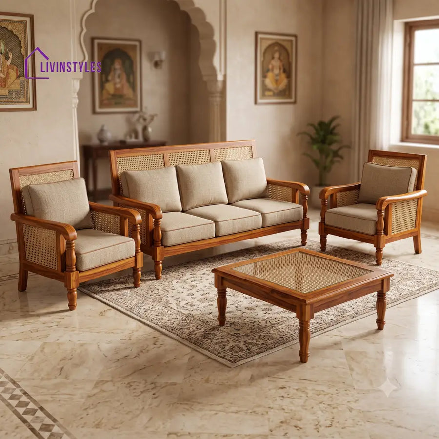 Lalitha Wooden Sofa Set | 3 + 1 + 1 Sheesham Wood Sofa Set for Living Room
