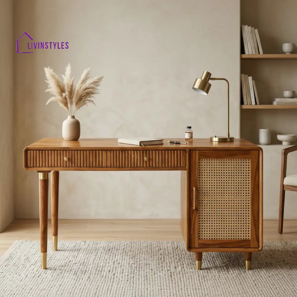 Lam Modern Designer Sheesham Wood Study Table with Cane Accents & Drawer Storage