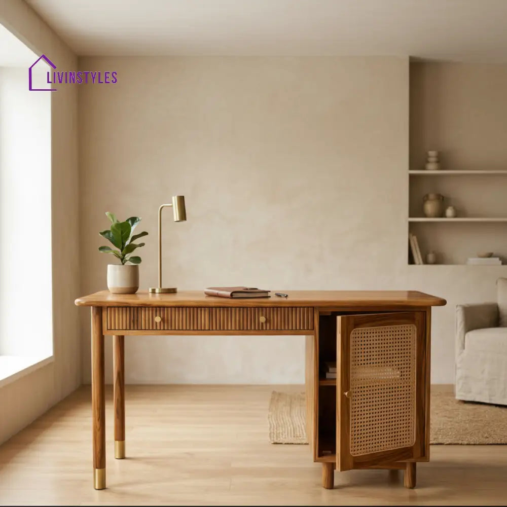 Lan Modern Designer Sheesham Wood Study Table with Cane Accents & Drawer Storage