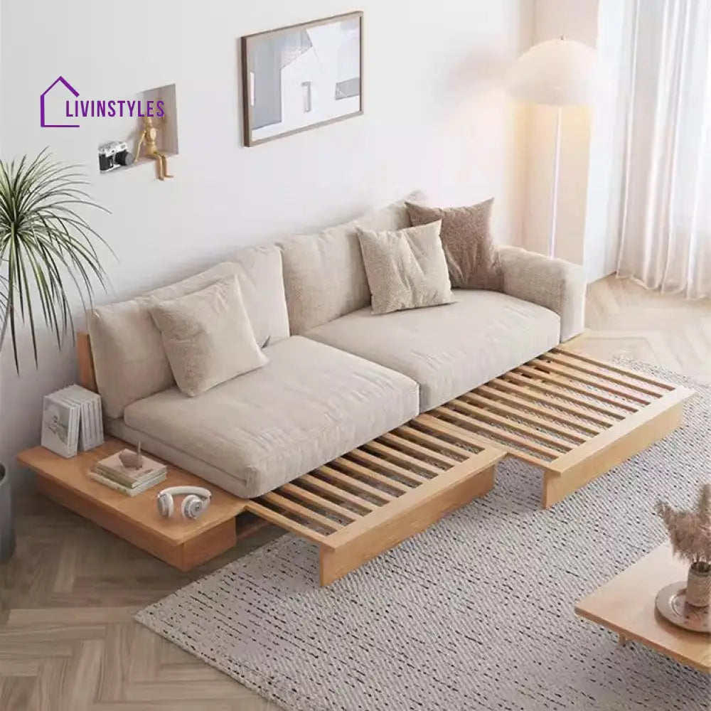 Japandi Solid Wood Sofa Bed with Liftable Armrest Storage Box SOFA BED