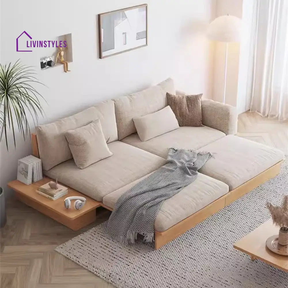 Japandi Solid Wood Sofa Bed with Liftable Armrest Storage Box SOFA BED