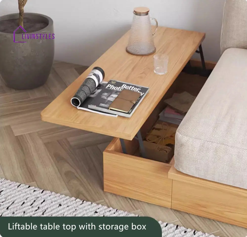 Japandi Solid Wood Sofa Bed with Liftable Armrest Storage Box SOFA BED