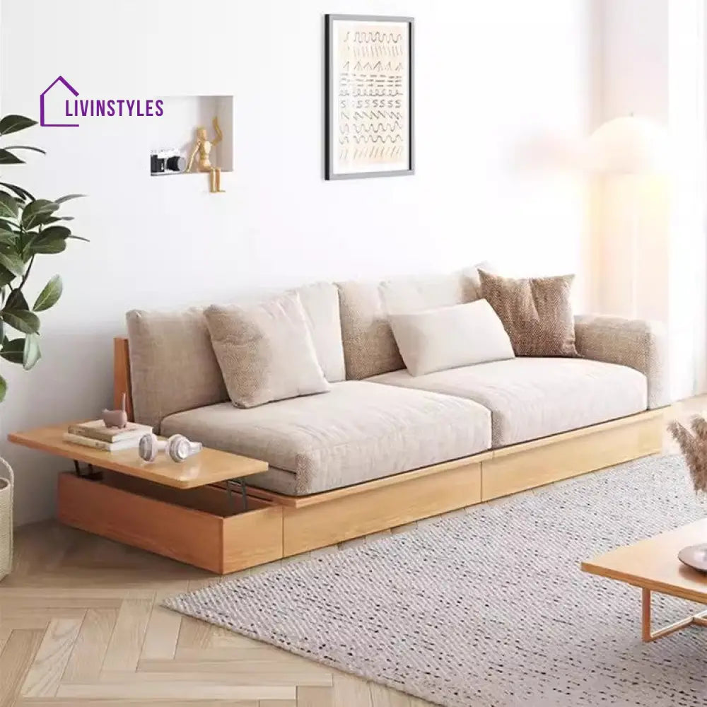 Japandi Solid Wood Sofa Bed with Liftable Armrest Storage Box SOFA BED