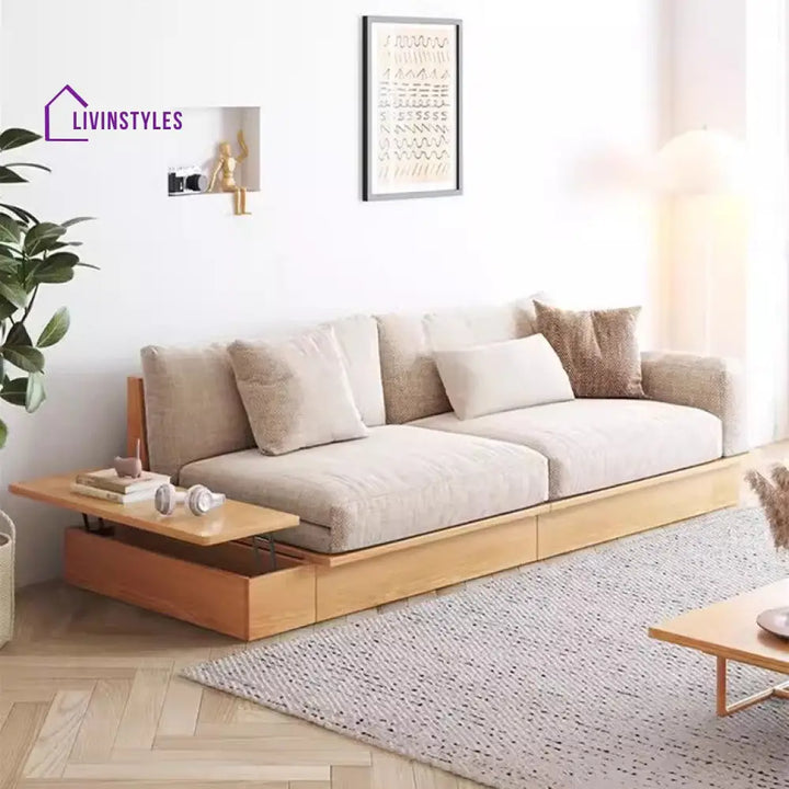 Japandi Solid Wood Sofa Bed with Liftable Armrest Storage Box SOFA BED