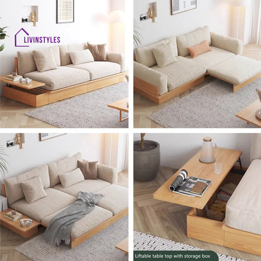 Japandi Solid Wood Sofa Bed with Liftable Armrest Storage Box SOFA BED