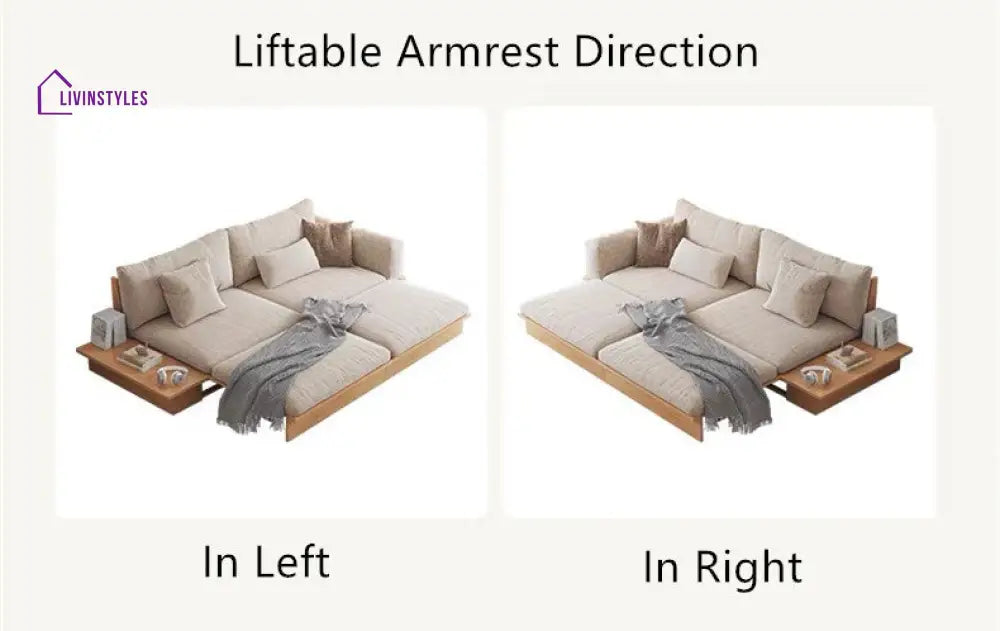 Japandi Solid Wood Sofa Bed with Liftable Armrest Storage Box SOFA BED