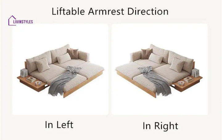 Japandi Solid Wood Sofa Bed with Liftable Armrest Storage Box SOFA BED