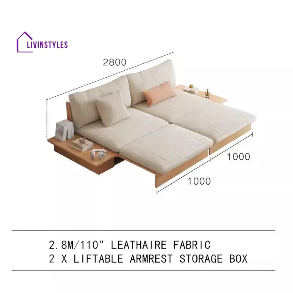 Japandi Solid Wood Sofa Bed with Liftable Armrest Storage Box 2.8M/110INCH(DOUBLE LIFTABLE ARMREST) / LEATHAIRE SOFA BED