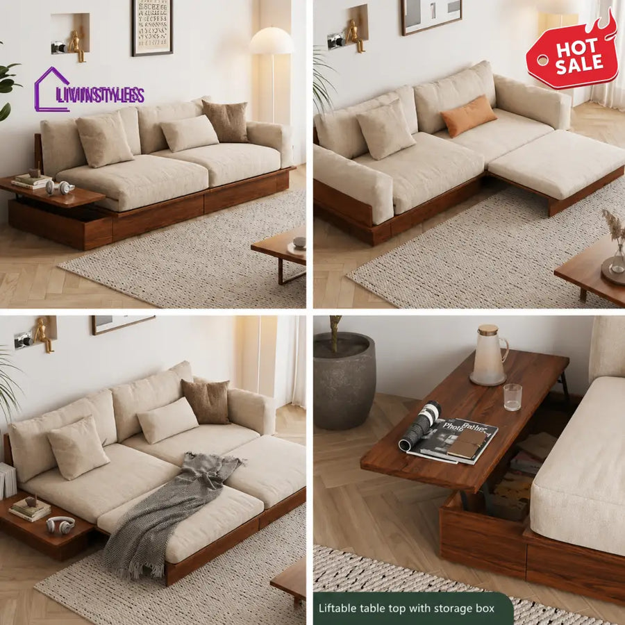 Lara Solid Wood Sofa Come Bed with Liftable Armrest Storage Box - SOFA BED