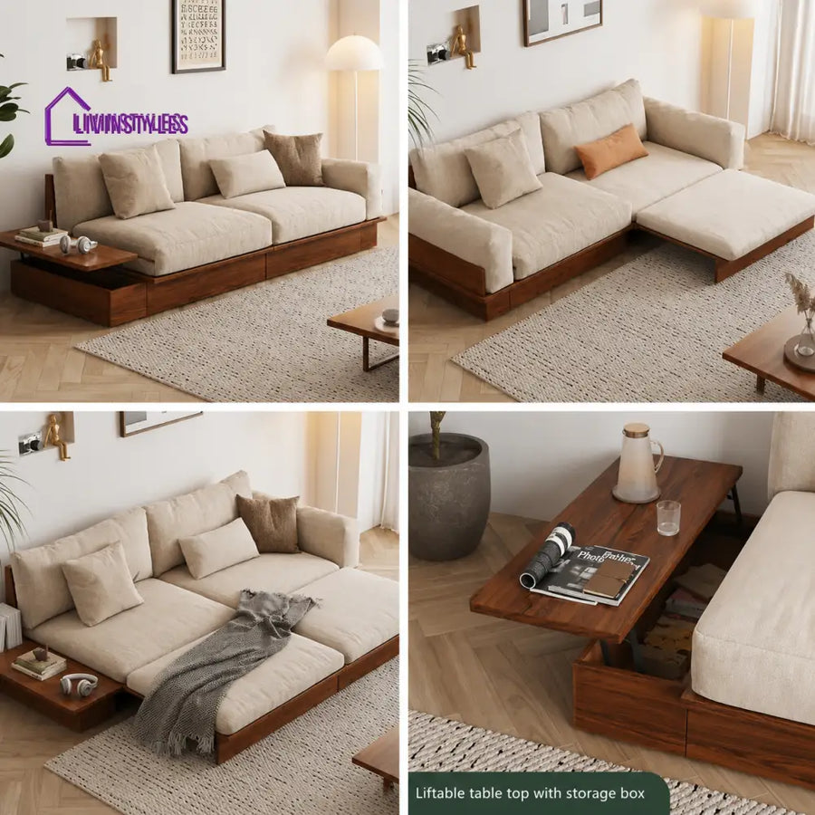 Lara Solid Wood Sofa Come Bed with Liftable Armrest Storage Box - SOFA BED