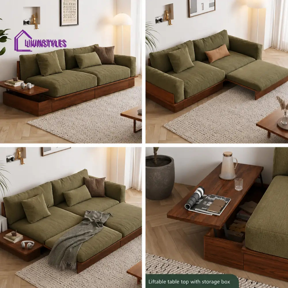 Lara Solid Wood Sofa Come Bed with Liftable Armrest Storage Box - SOFA BED