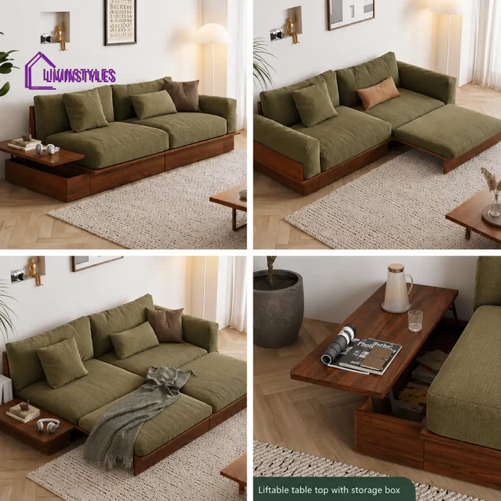 Lara Solid Wood Sofa Come Bed with Liftable Armrest Storage Box - SOFA BED