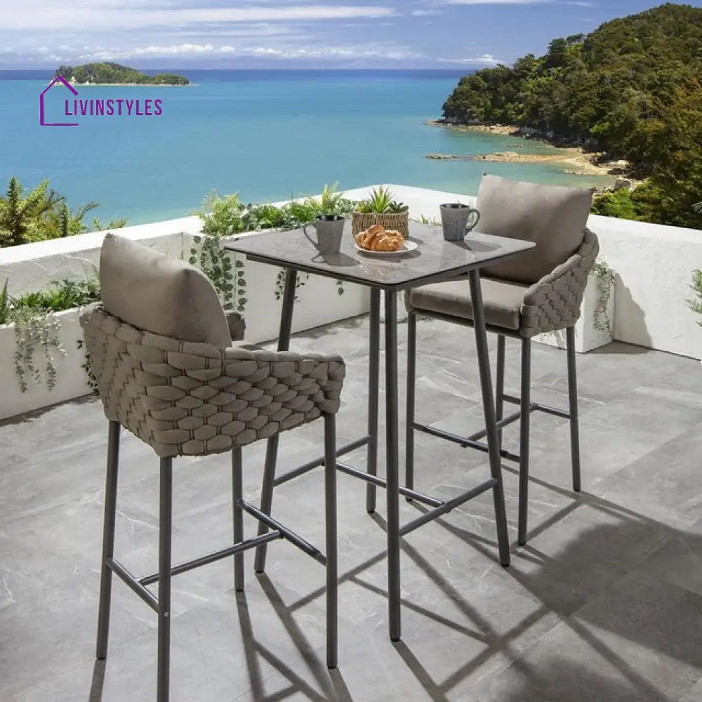 Lario Outdoor Patio Bar Set 2 Chairs and 1 Table Set Braided & Rope (Beige) - Bar Sets