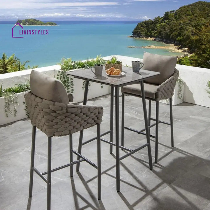 Lario Outdoor Patio Bar Set 2 Chairs and 1 Table Set Braided & Rope (Beige) - Bar Sets