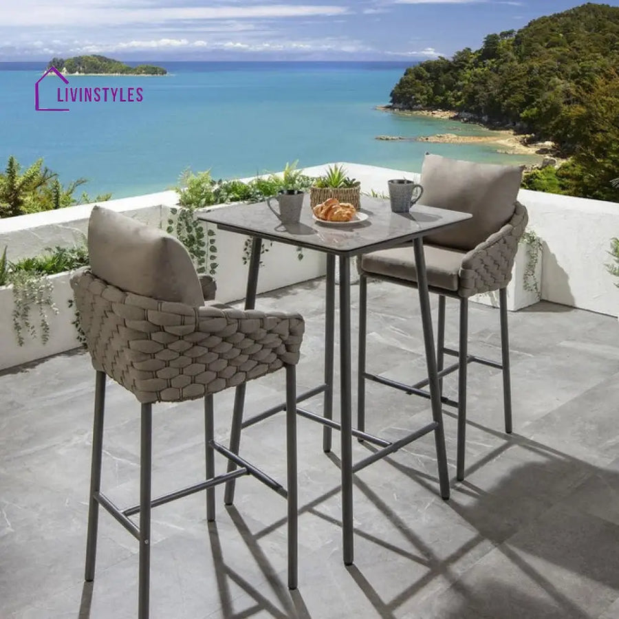 Lario Outdoor Patio Bar Set 2 Chairs and 1 Table Set Braided & Rope (Beige) - Bar Sets