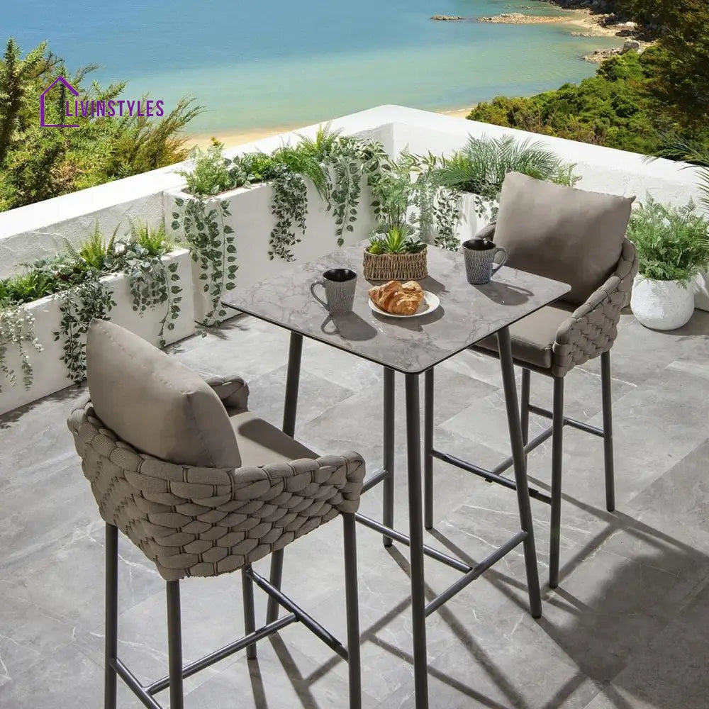 Lario Outdoor Patio Bar Set 2 Chairs and 1 Table Set Braided & Rope (Beige) - Bar Sets
