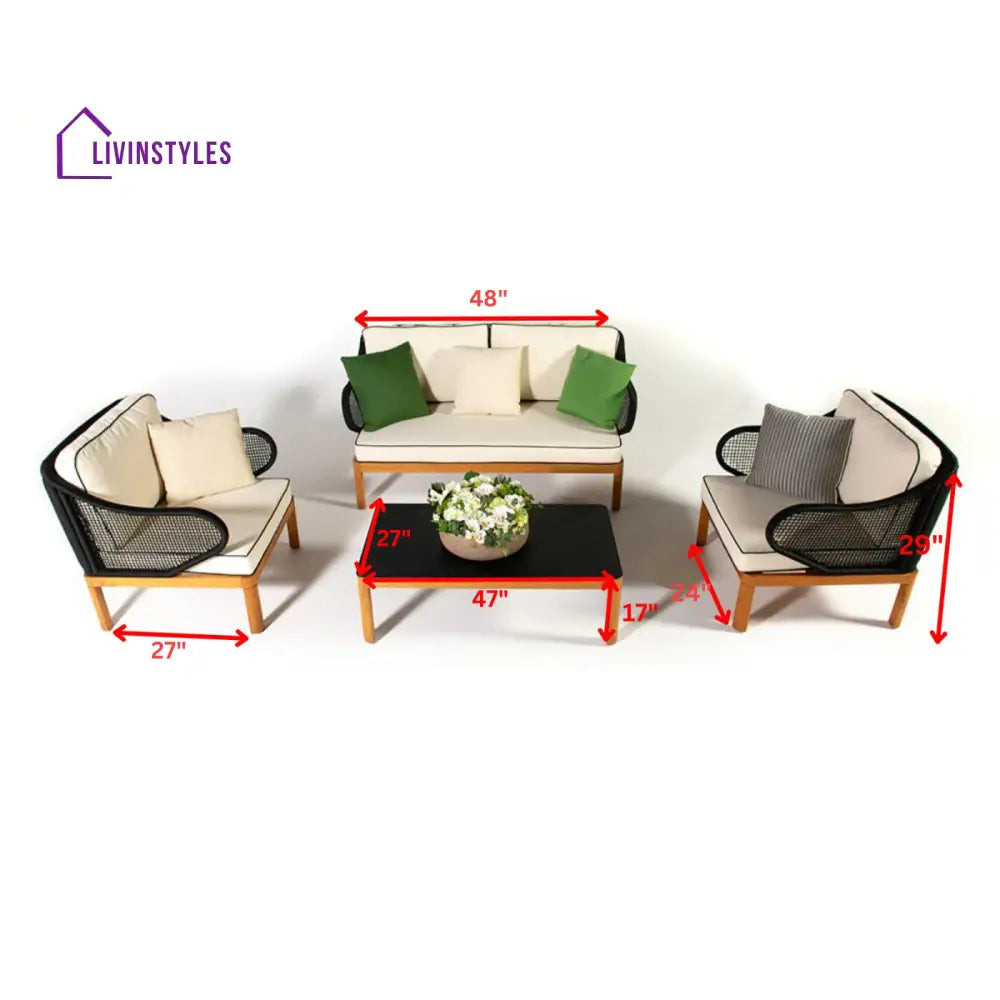 Laur Outdoor Sofa Set 2 Seater 2 Single seater and 1 Center Table (Black + Beige) Braided & Rope - Sofa Sets