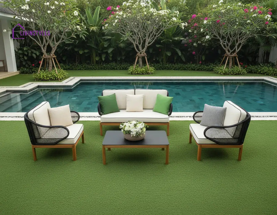 Laur Outdoor Sofa Set 2 Seater 2 Single seater and 1 Center Table (Black + Beige) Braided & Rope - Sofa Sets