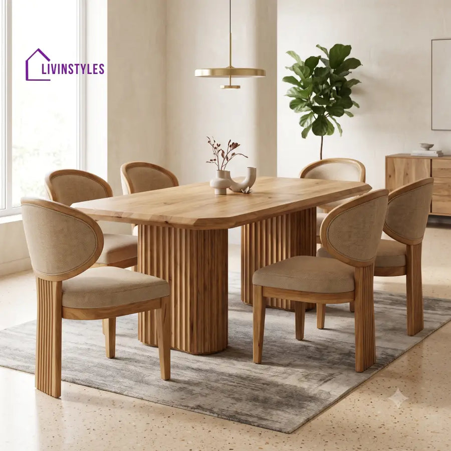 Laurent Premium Mango Wood 6 Seater Dining Table Set | Natural Finish