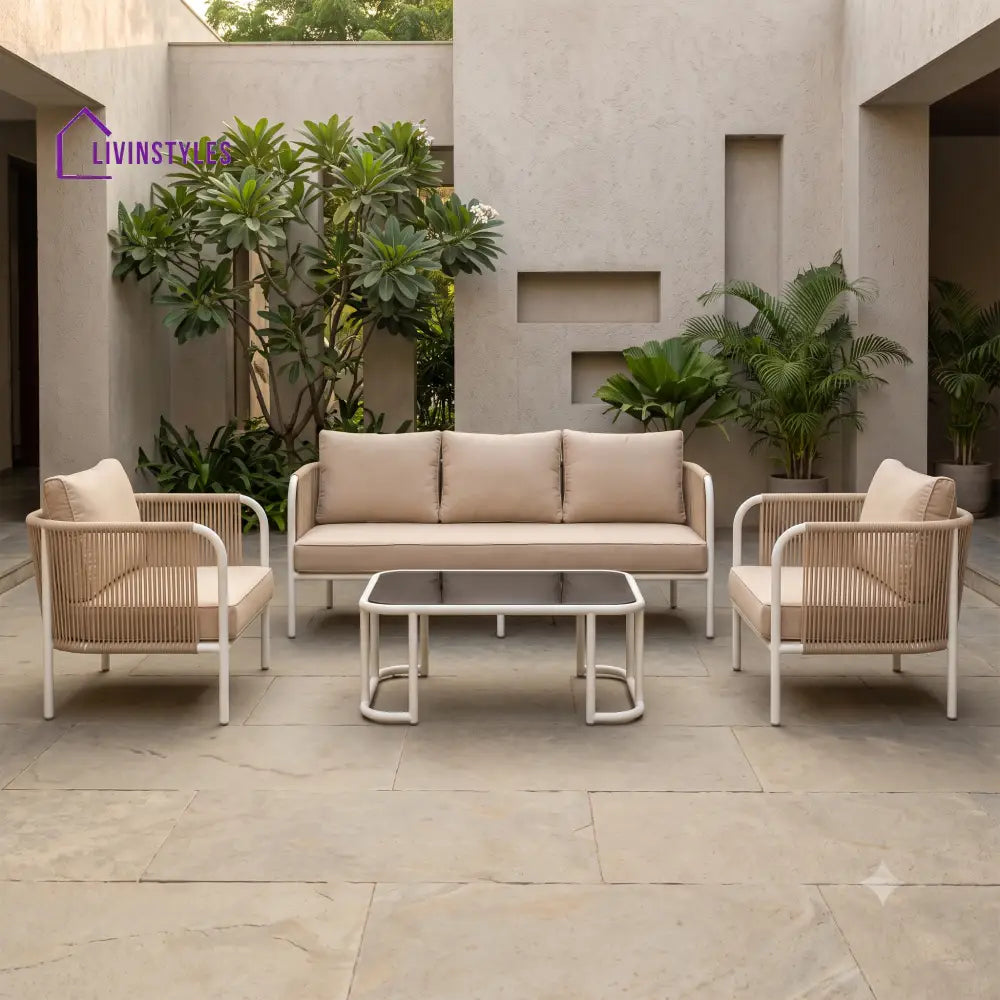Lauriane Metal Frame and Rope Weaving Outdoor Sofa Set 3 + 1 +1 and Coffee Table | Premium Uphostery