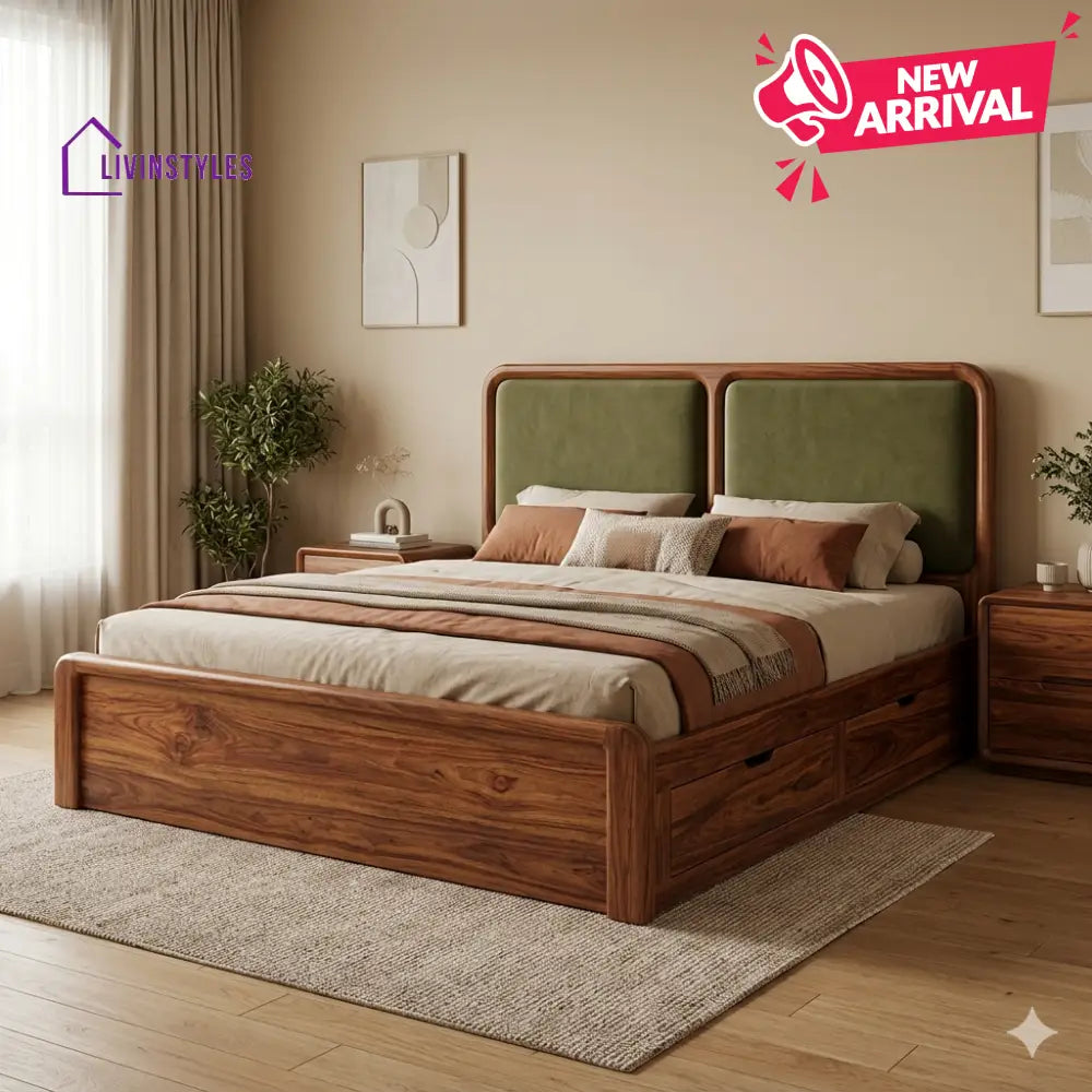 Lavanya Premium Sheesham Wood Bed with Velvet Headboard