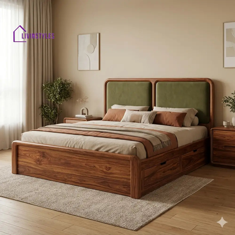 Lavanya Premium Sheesham Wood Bed with Velvet Headboard