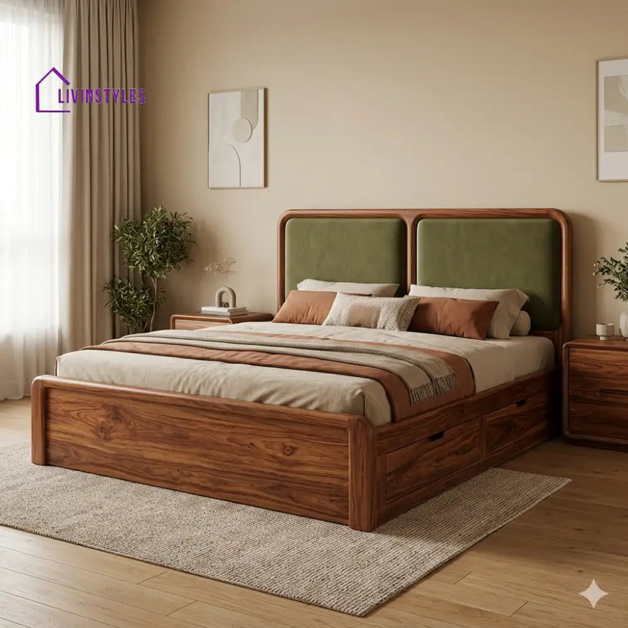 Lavanya Premium Sheesham Wood Bed with Velvet Headboard