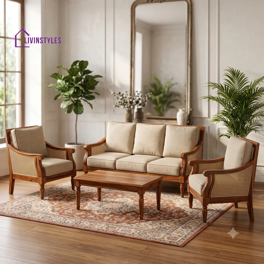 Lavanya Wooden Sofa Set | 3 + 1 + 1 Sheesham Wood Sofa Set for Living Room
