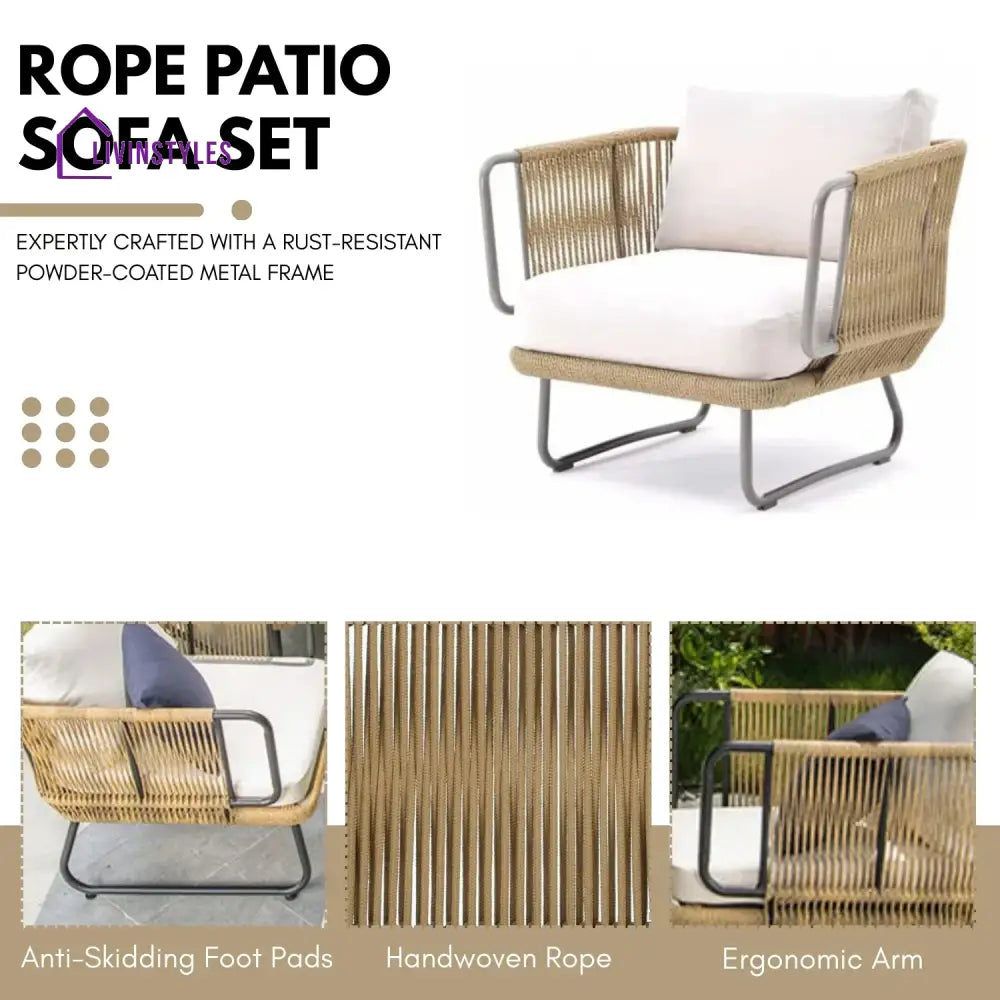 Lavika Outdoor 5pcs All-Weather Rope Sofa Set with Cushions (Beige & White) - Sofa Set