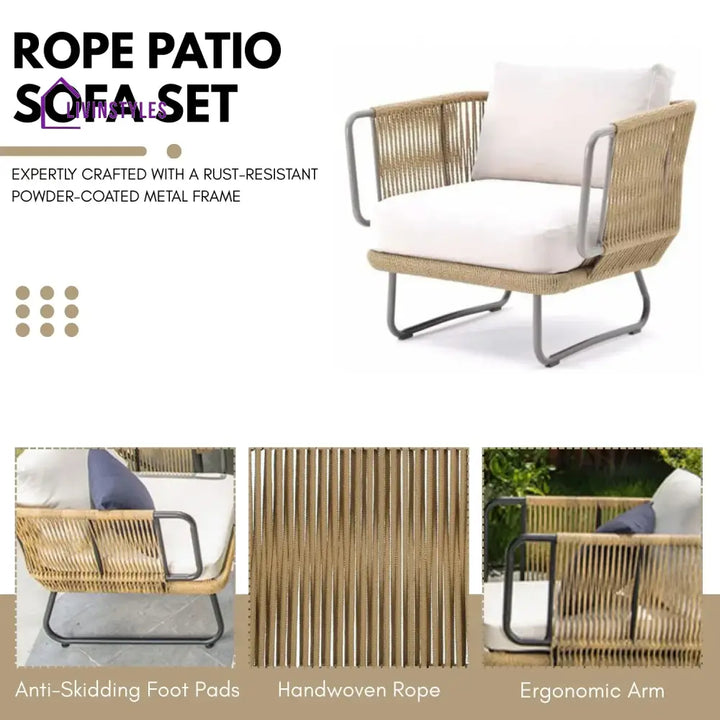 Lavika Outdoor 5pcs All-Weather Rope Sofa Set with Cushions (Beige & White) - Sofa Set