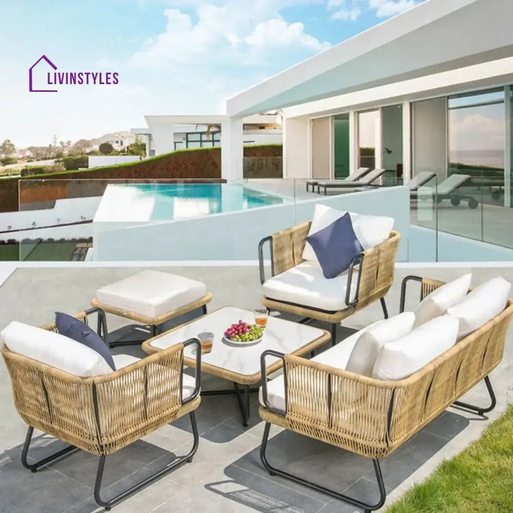 Lavika Outdoor 5pcs All-Weather Rope Sofa Set with Cushions (Beige & White) - Sofa Set