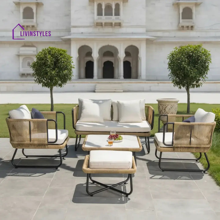 Lavika Outdoor 5pcs All-Weather Rope Sofa Set with Cushions (Beige & White) - Sofa Set