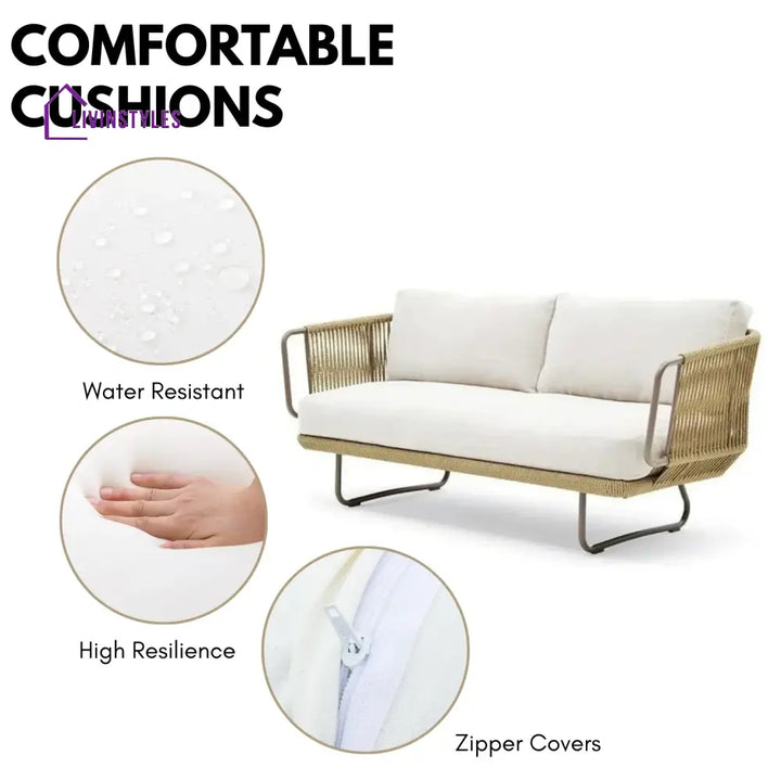 Lavika Outdoor 5pcs All-Weather Rope Sofa Set with Cushions (Beige & White) - Sofa Set