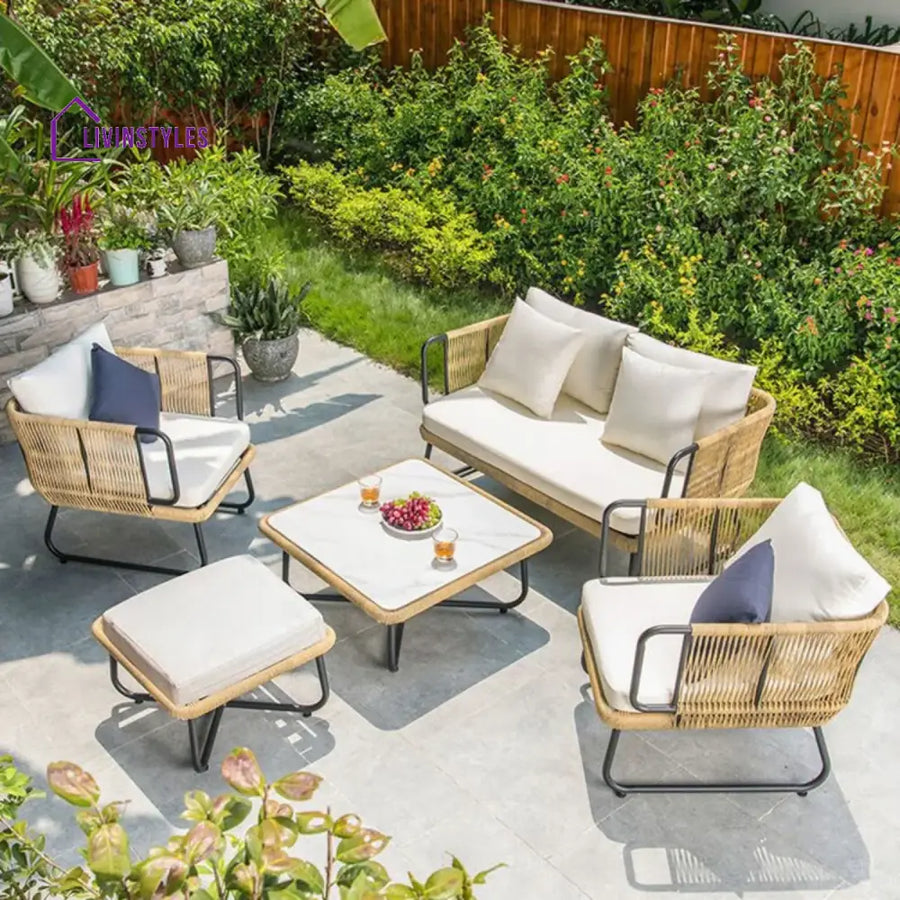 Lavika Outdoor 5pcs All-Weather Rope Sofa Set with Cushions (Beige & White) - Sofa Set