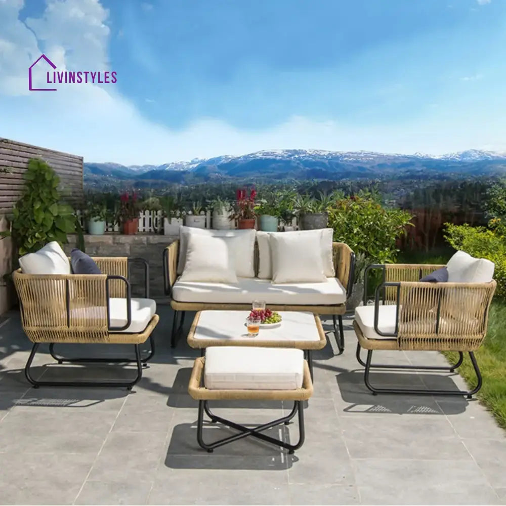 Lavika Outdoor 5pcs All-Weather Rope Sofa Set with Cushions (Beige & White) - Sofa Set