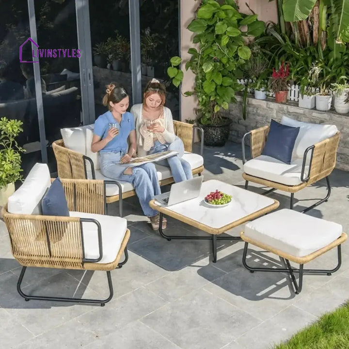 Lavika Outdoor 5pcs All-Weather Rope Sofa Set with Cushions (Beige & White) - Sofa Set