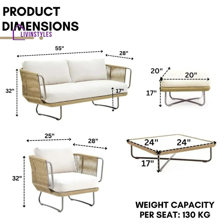 Lavika Outdoor 5pcs All-Weather Rope Sofa Set with Cushions (Beige & White) - Sofa Set