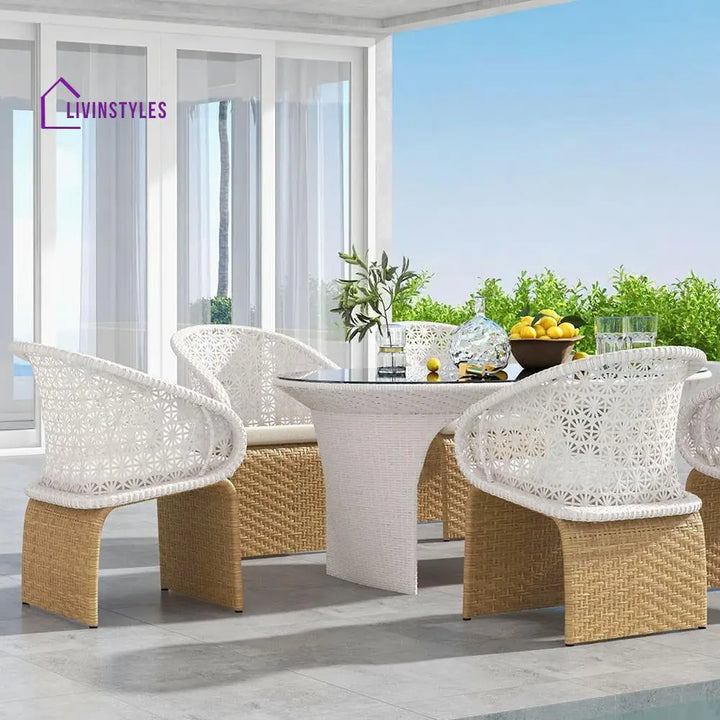 Lavish Outdoor Patio Seating Set 4 Chairs And 1 Table (Tan + White) Dining Sets