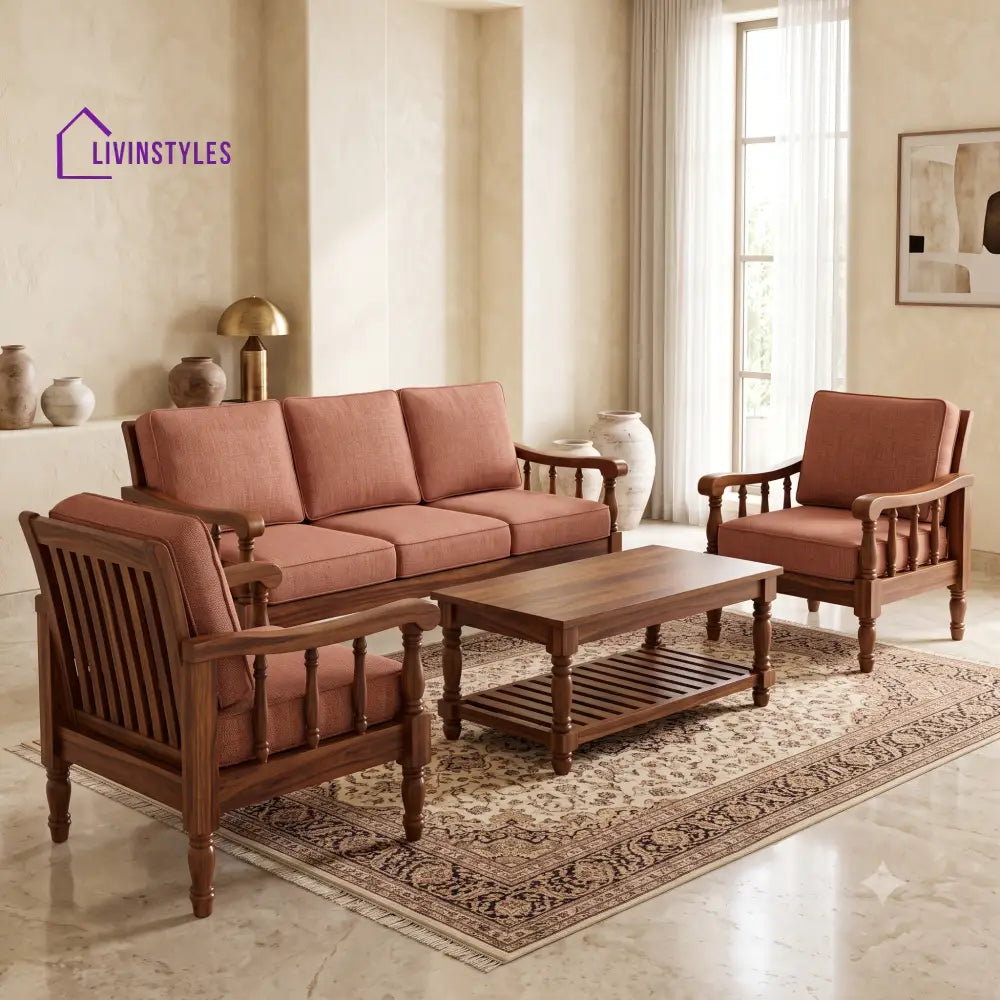 Laya Wooden Sofa Set | 3 + 1 + 1 Sheesham Wood Sofa Set for Living Room
