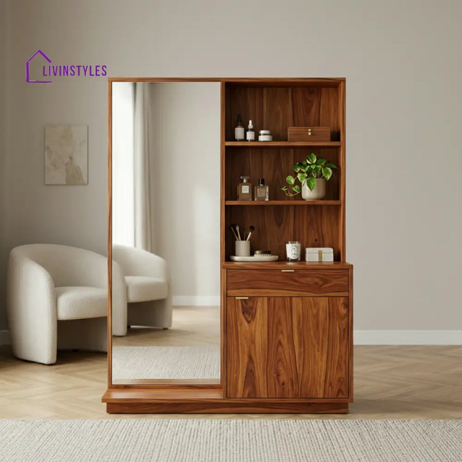 Layla Sheesham Wood Dressing Table with Mirror and Storage (Honey Finish)