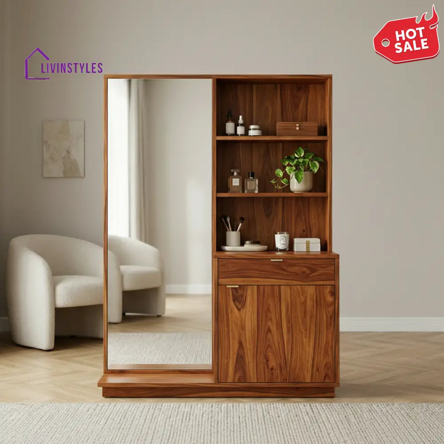 Layla Sheesham Wood Dressing Table with Mirror and Storage (Honey Finish)