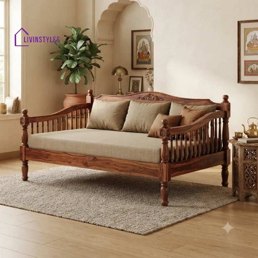 Léa Wooden Divan Bed for Living Room | Solid Sheesham Wood