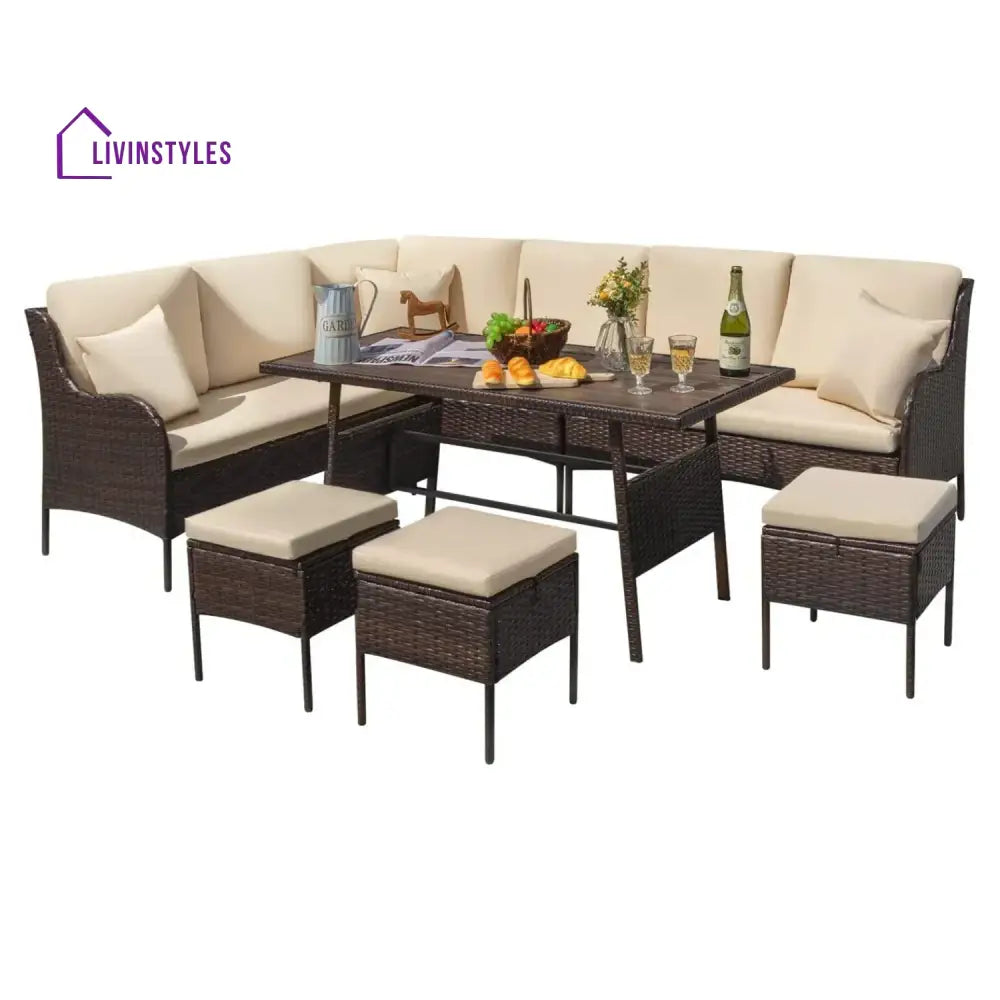 Lei 6 Piece Outdoor Patio Furniture Set (Dark Brown & Cream) - Sofa Set