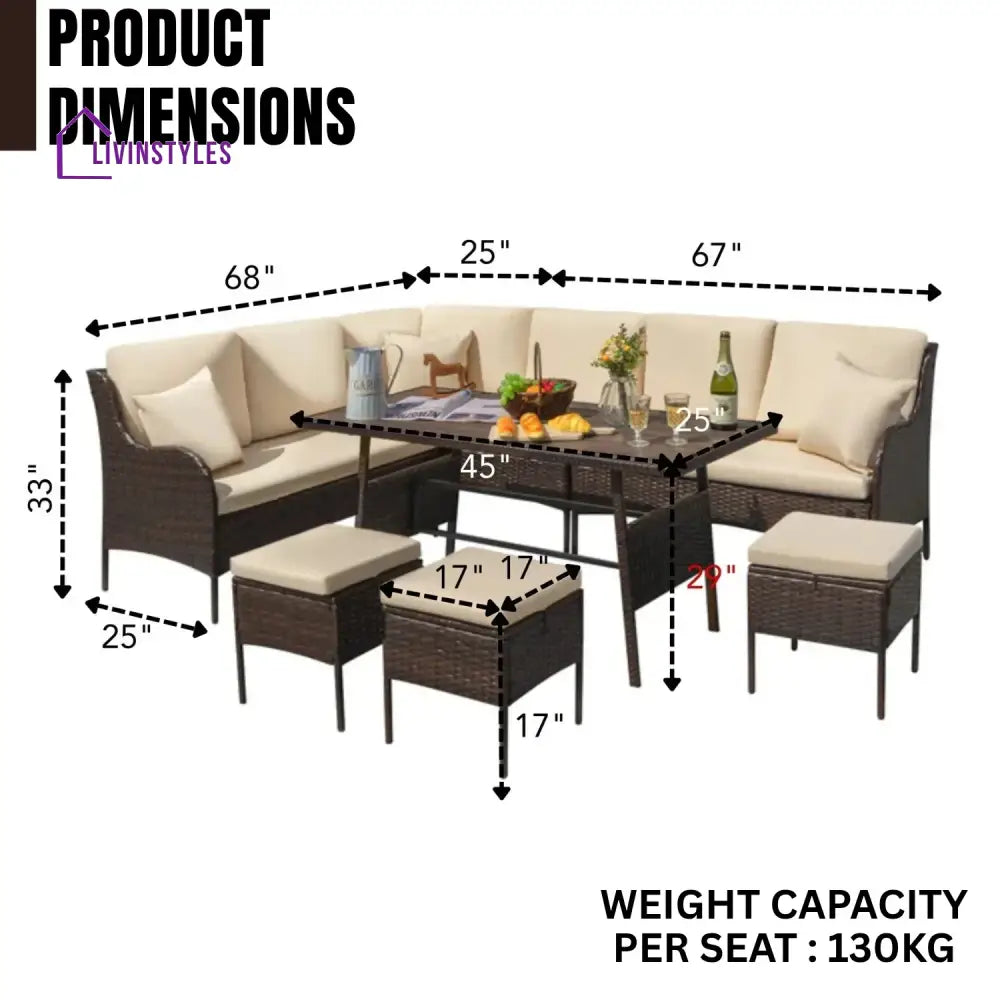 Lei 6 Piece Outdoor Patio Furniture Set (Dark Brown & Cream) - Sofa Set
