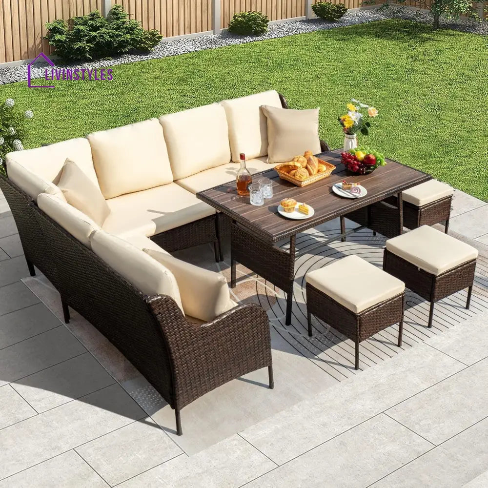 Lei 6 Piece Outdoor Patio Furniture Set (Dark Brown & Cream) - Sofa Set