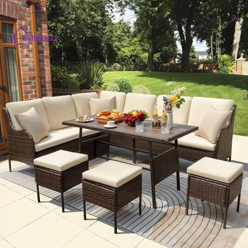 Lei 6 Piece Outdoor Patio Furniture Set (Dark Brown & Cream) - Sofa Set