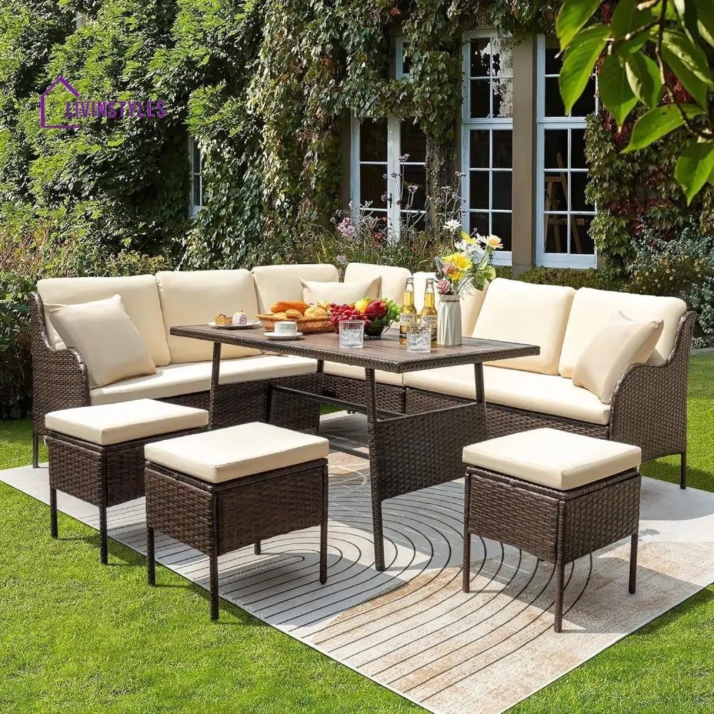 Lei 6 Piece Outdoor Patio Furniture Set (Dark Brown & Cream) - Sofa Set