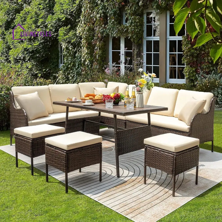 Lei 6 Piece Outdoor Patio Furniture Set (Dark Brown & Cream) - Sofa Set