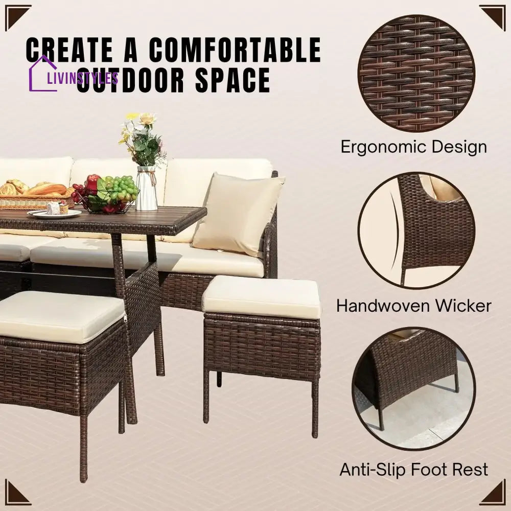 Lei 6 Piece Outdoor Patio Furniture Set (Dark Brown & Cream) - Sofa Set