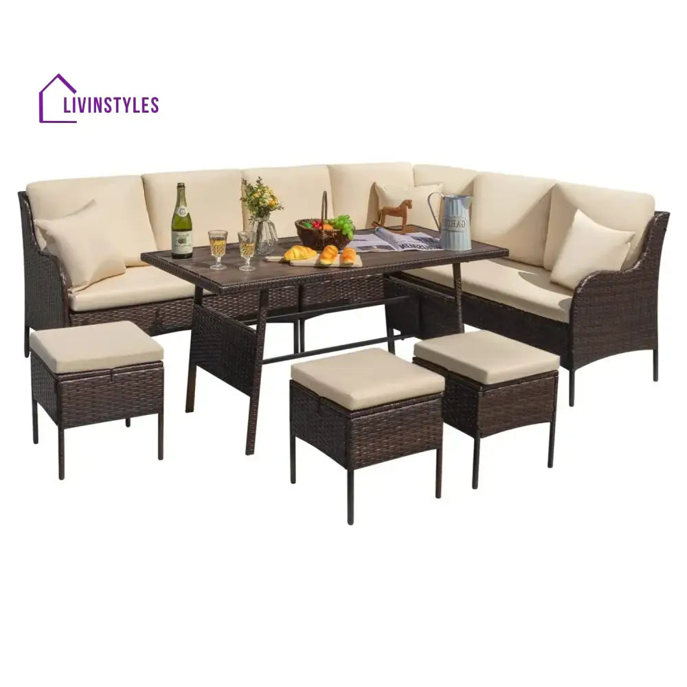 Lei 6 Piece Outdoor Patio Furniture Set (Dark Brown & Cream) - Sofa Set